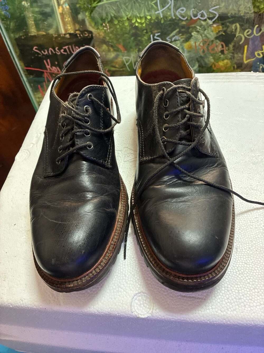 Trask Gallatin Black Leather Plain Toe Lug Sole Derby Shoes